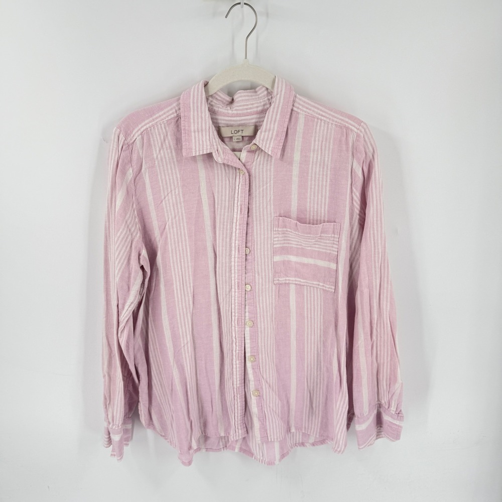 LOFT  Pink Striped Linen Blend Button Down Shirt Large Coastal Breezy Preppy